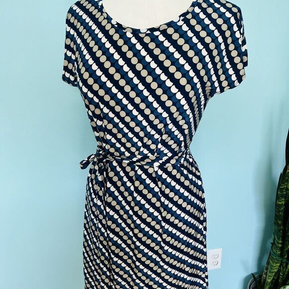 Tacera Sz S Tunic Dress Tie Belt Geometric Stretch Blue White Midi NWOT 0784 - Picture 3 of 6